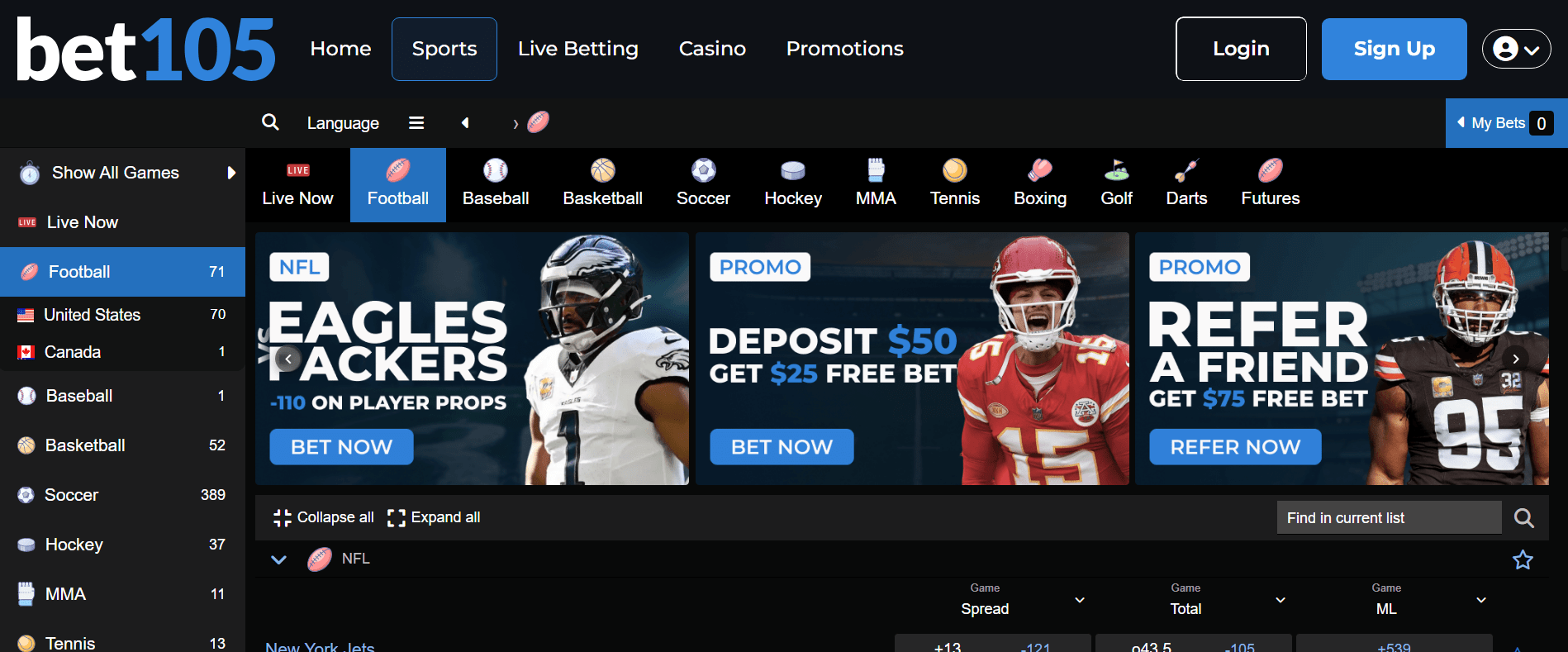 Homepage of Bet105 sportsbook showcasing low-margin odds and a clean layout