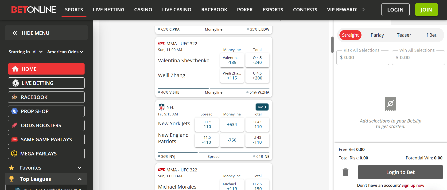 Homepage of BetOnline sportsbook highlighting early odds and fast secure payouts