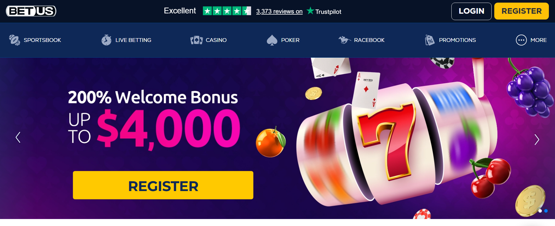 Platform view of BetUS sportsbook featuring large bonuses and broad sports coverage